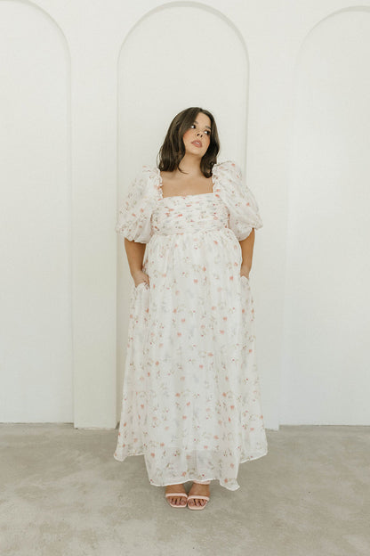 Melody Maxi Dress with Pleats and Bow Detail in Pink Rose Floral - Bump Friendly & Inclusive Sizing (S-3XL)