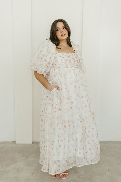 Melody Maxi Dress with Pleats and Bow Detail in Pink Rose Floral - Bump Friendly & Inclusive Sizing (S-3XL)