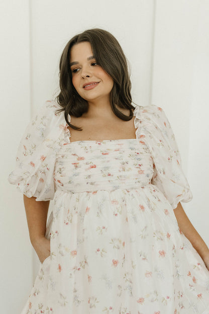 Melody Maxi Dress with Pleats and Bow Detail in Pink Rose Floral - Bump Friendly & Inclusive Sizing (S-3XL)