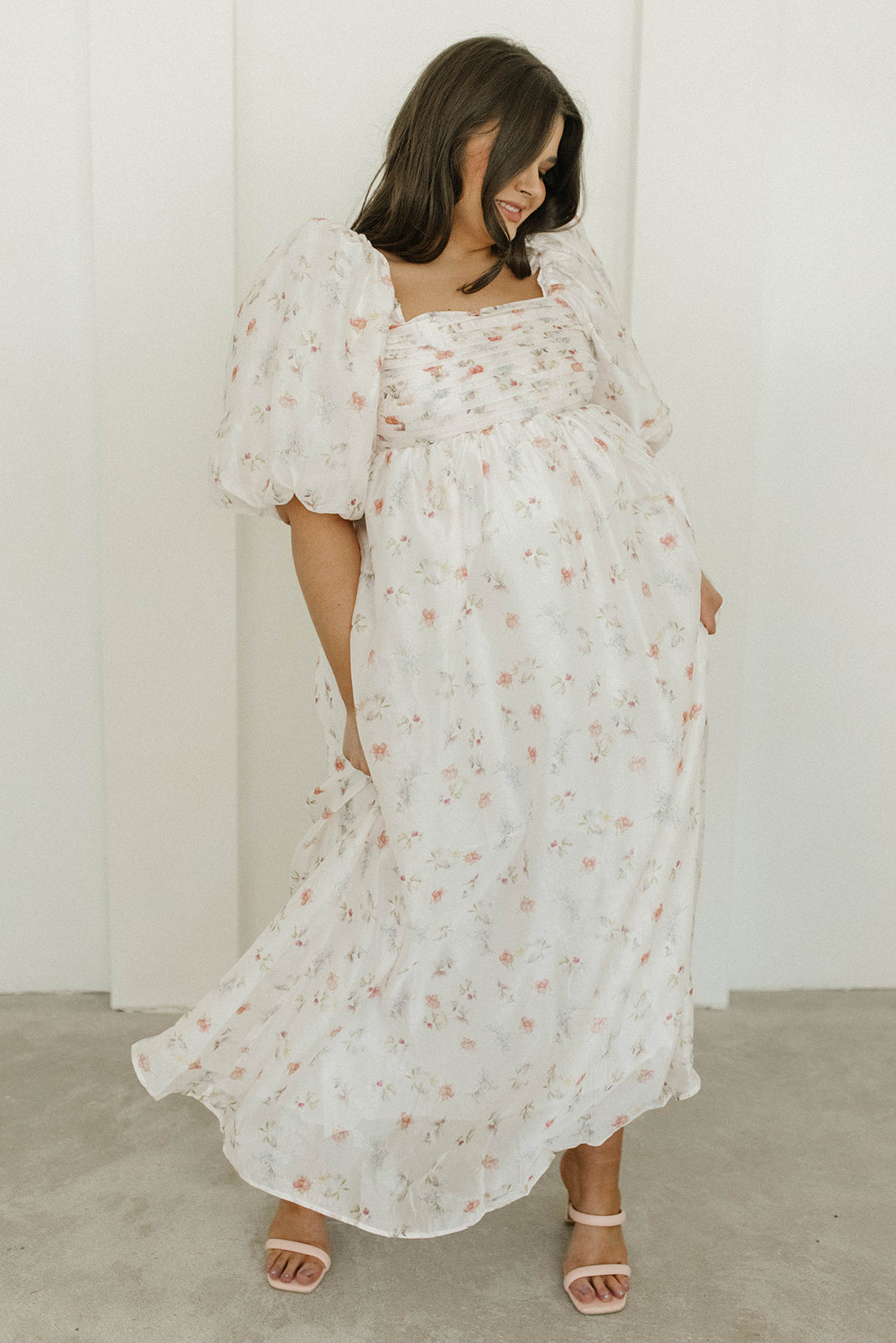 Melody Maxi Dress with Pleats and Bow Detail in Pink Rose Floral - Bump Friendly & Inclusive Sizing (S-3XL)