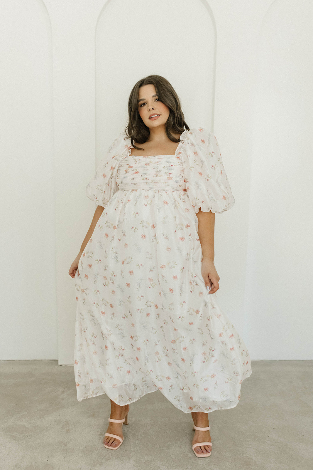 Melody Maxi Dress with Pleats and Bow Detail in Pink Rose Floral - Bump Friendly & Inclusive Sizing (S-3XL)