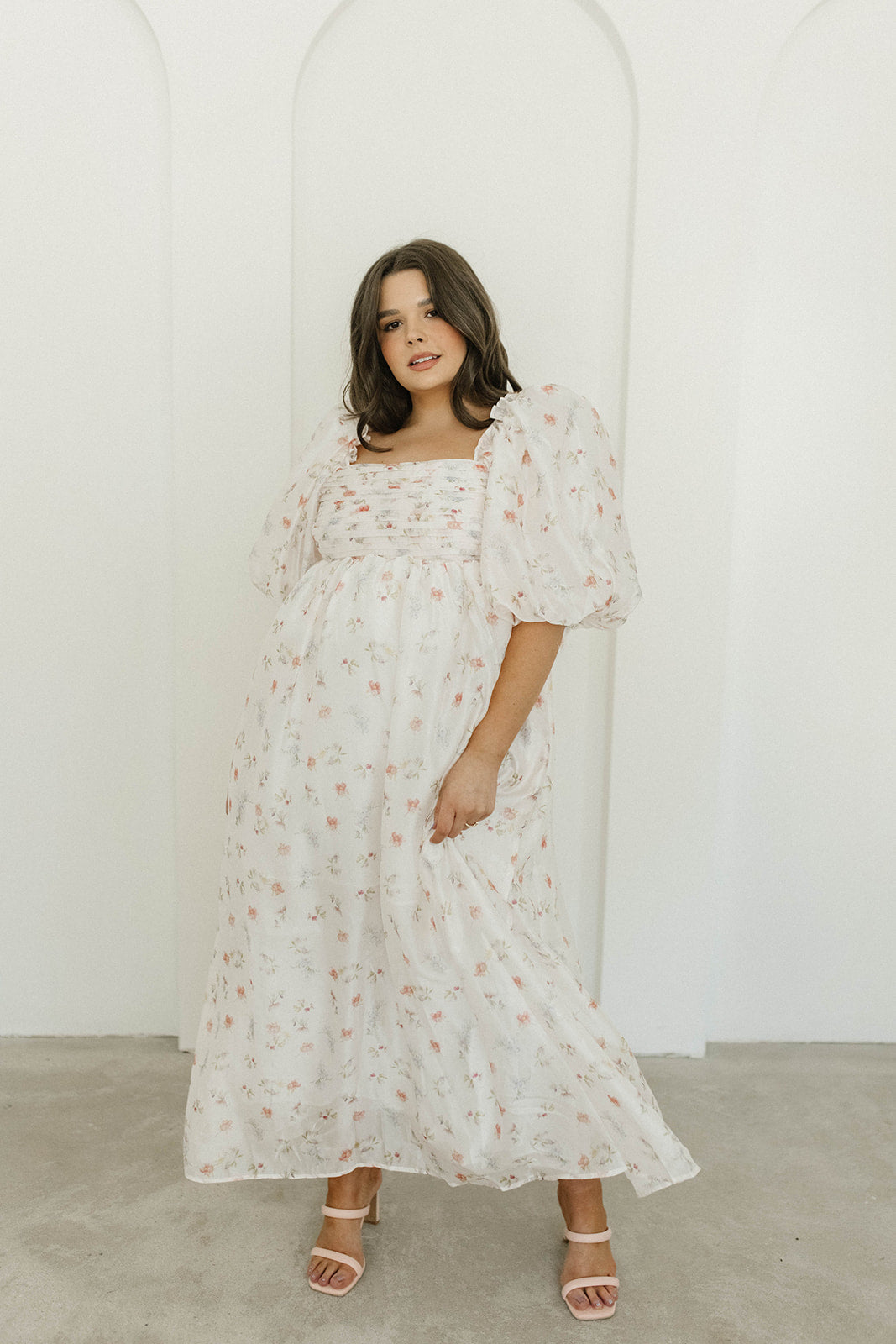 Melody Maxi Dress with Pleats and Bow Detail in Pink Rose Floral - Bump Friendly & Inclusive Sizing (S-3XL)