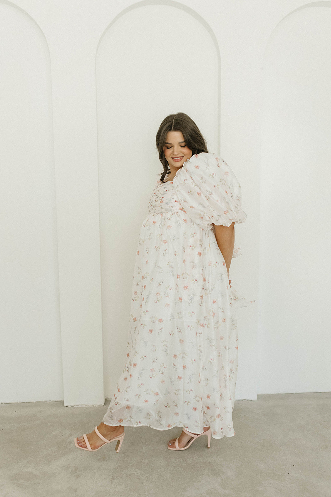 Melody Maxi Dress with Pleats and Bow Detail in Pink Rose Floral - Bump Friendly & Inclusive Sizing (S-3XL)