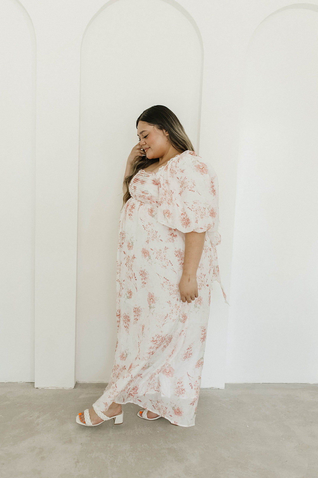 Melody Maxi Dress with Pleats and Bow Detail in Pink Floral -  Bump Friendly & Inclusive Sizing (S-3XL)