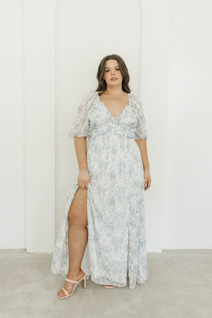 Daphne High Slit Eyelet Detail Maxi Dress in Blue and White Floral - Inclusive Sizing (S-3XL)