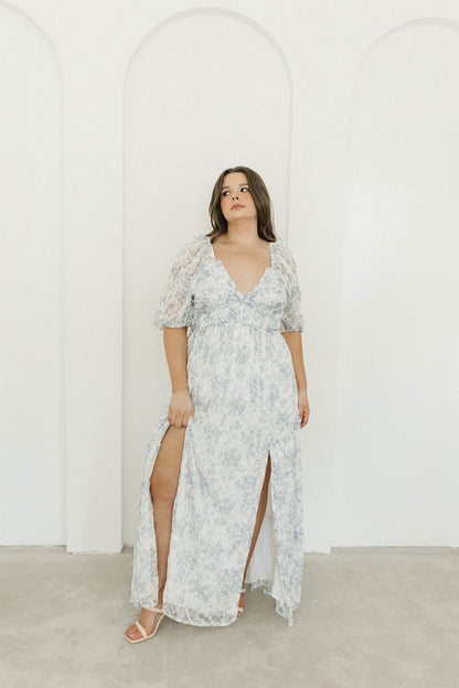 Daphne High Slit Eyelet Detail Maxi Dress in Blue and White Floral - Inclusive Sizing (S-3XL)