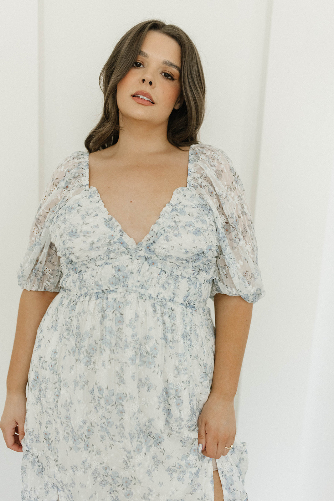 Daphne High Slit Eyelet Detail Maxi Dress in Blue and White Floral - Inclusive Sizing (S-3XL)