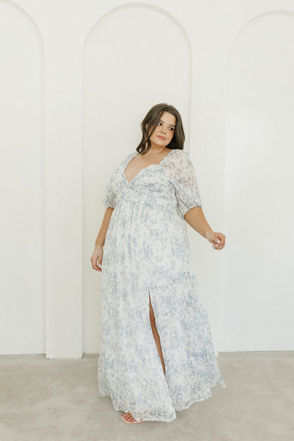 Daphne High Slit Eyelet Detail Maxi Dress in Blue and White Floral - Inclusive Sizing (S-3XL)