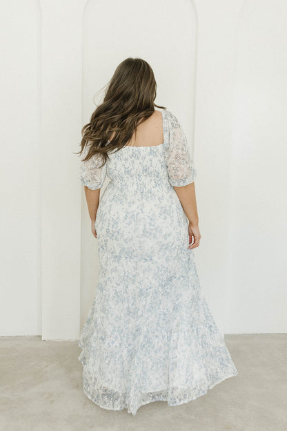 Daphne High Slit Eyelet Detail Maxi Dress in Blue and White Floral - Inclusive Sizing (S-3XL)