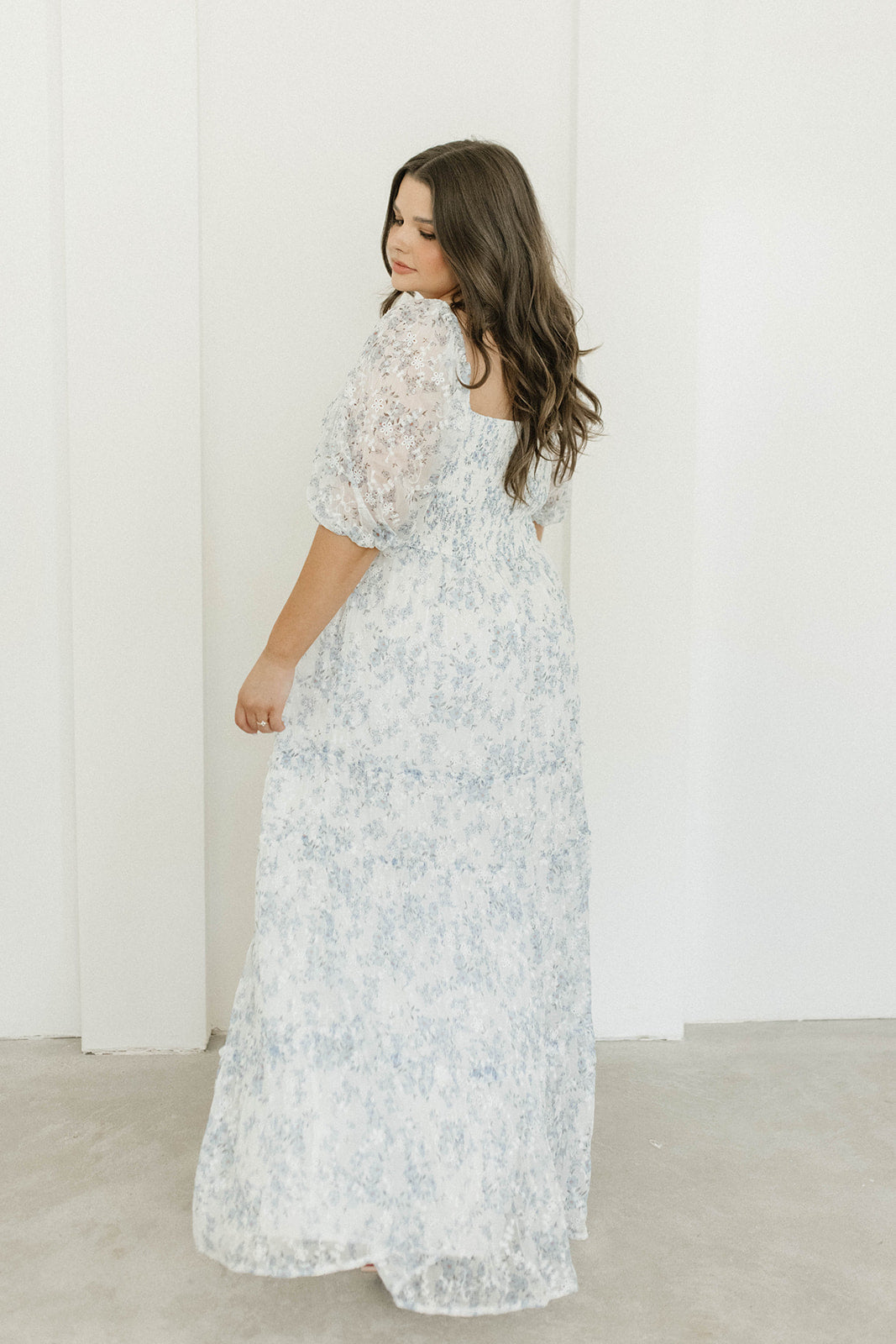 Daphne High Slit Eyelet Detail Maxi Dress in Blue and White Floral - Inclusive Sizing (S-3XL)