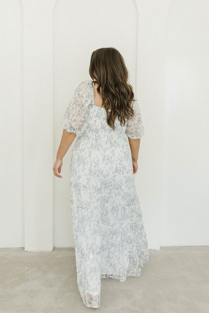 Daphne High Slit Eyelet Detail Maxi Dress in Blue and White Floral - Inclusive Sizing (S-3XL)