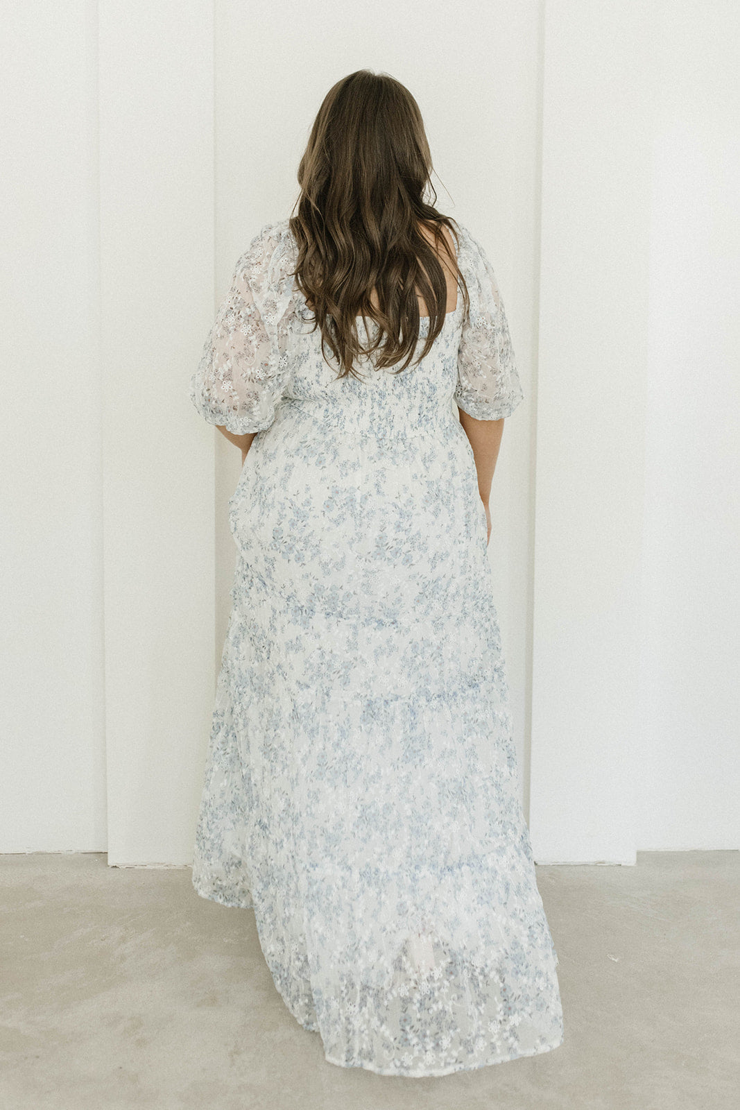 Daphne High Slit Eyelet Detail Maxi Dress in Blue and White Floral - Inclusive Sizing (S-3XL)