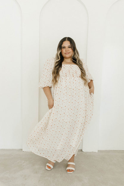 Melody Maxi Dress with Pleats and Bow Detail in Ivory Floral- Bump Friendly & Inclusive Sizing (S-3XL)