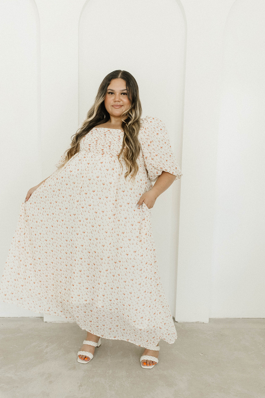 Melody Maxi Dress with Pleats and Bow Detail in Ivory Floral- Bump Friendly & Inclusive Sizing (S-3XL)