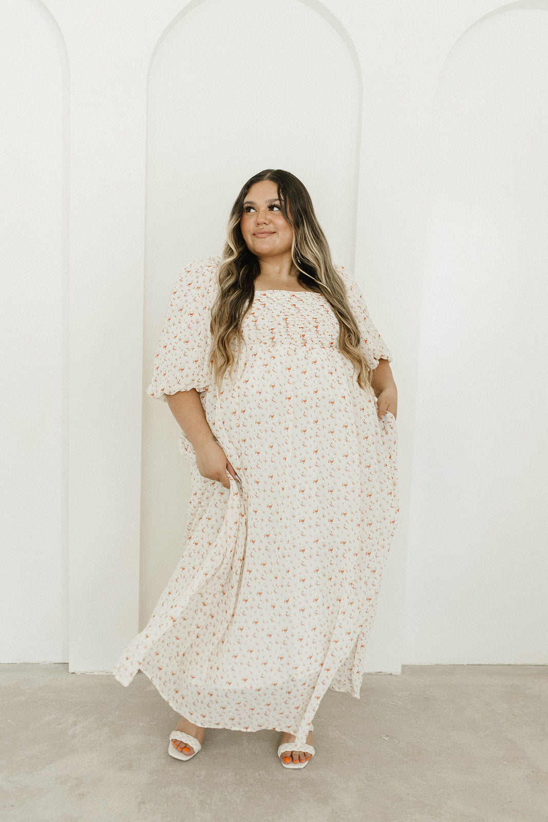 Melody Maxi Dress with Pleats and Bow Detail in Ivory Floral- Bump Friendly & Inclusive Sizing (S-3XL)