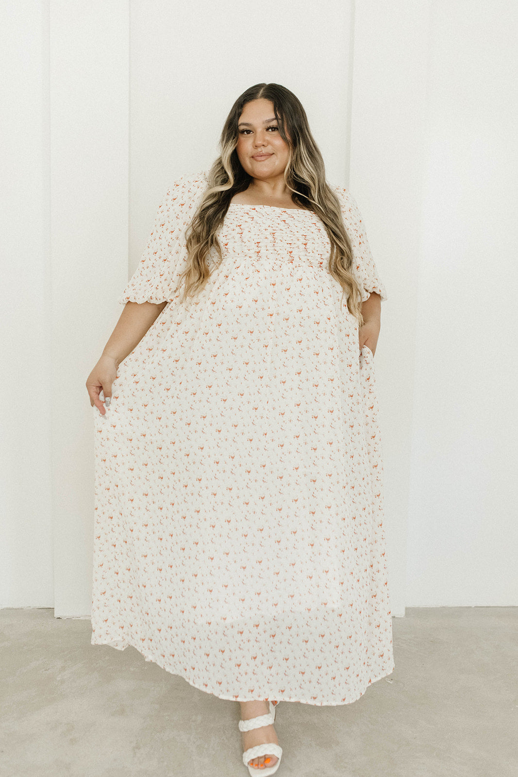 Melody Maxi Dress with Pleats and Bow Detail in Ivory Floral- Bump Friendly & Inclusive Sizing (S-3XL)