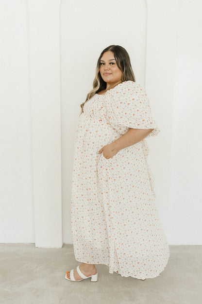 Melody Maxi Dress with Pleats and Bow Detail in Ivory Floral- Bump Friendly & Inclusive Sizing (S-3XL)