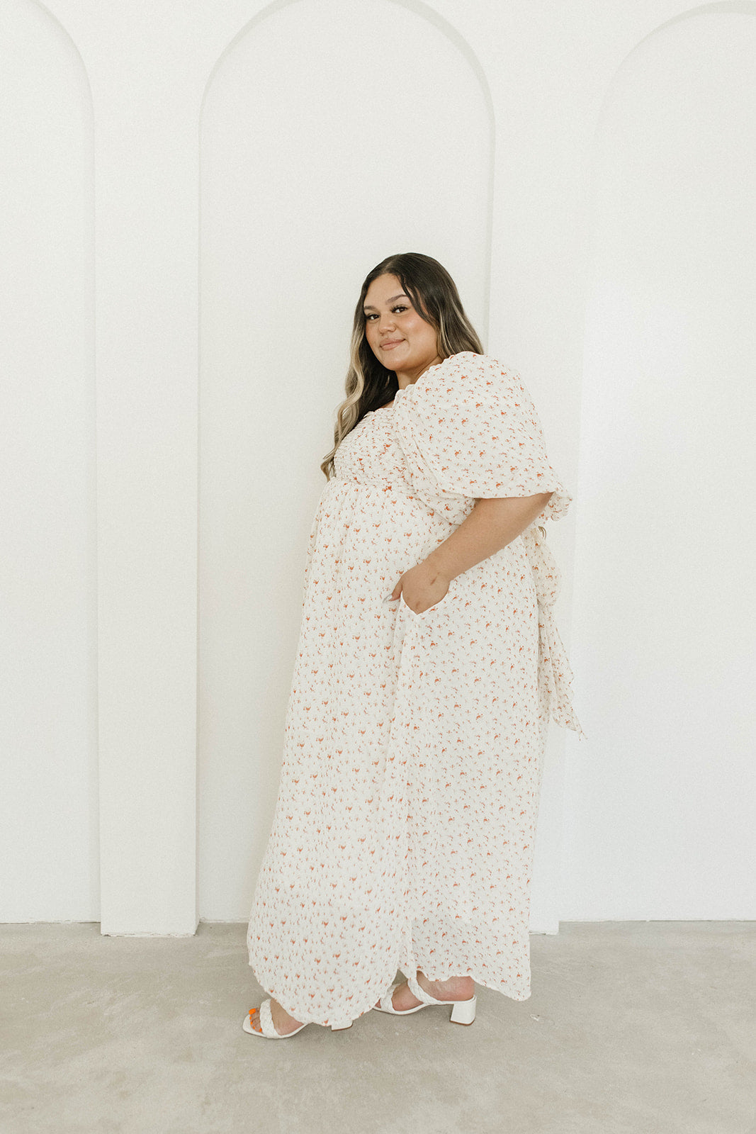 Melody Maxi Dress with Pleats and Bow Detail in Ivory Floral- Bump Friendly & Inclusive Sizing (S-3XL)