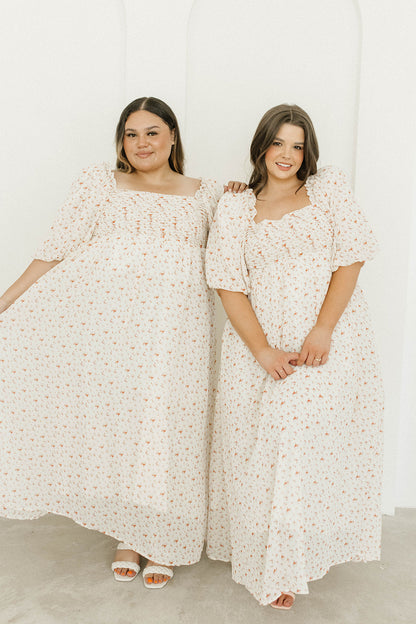 Melody Maxi Dress with Pleats and Bow Detail in Ivory Floral- Bump Friendly & Inclusive Sizing (S-3XL)