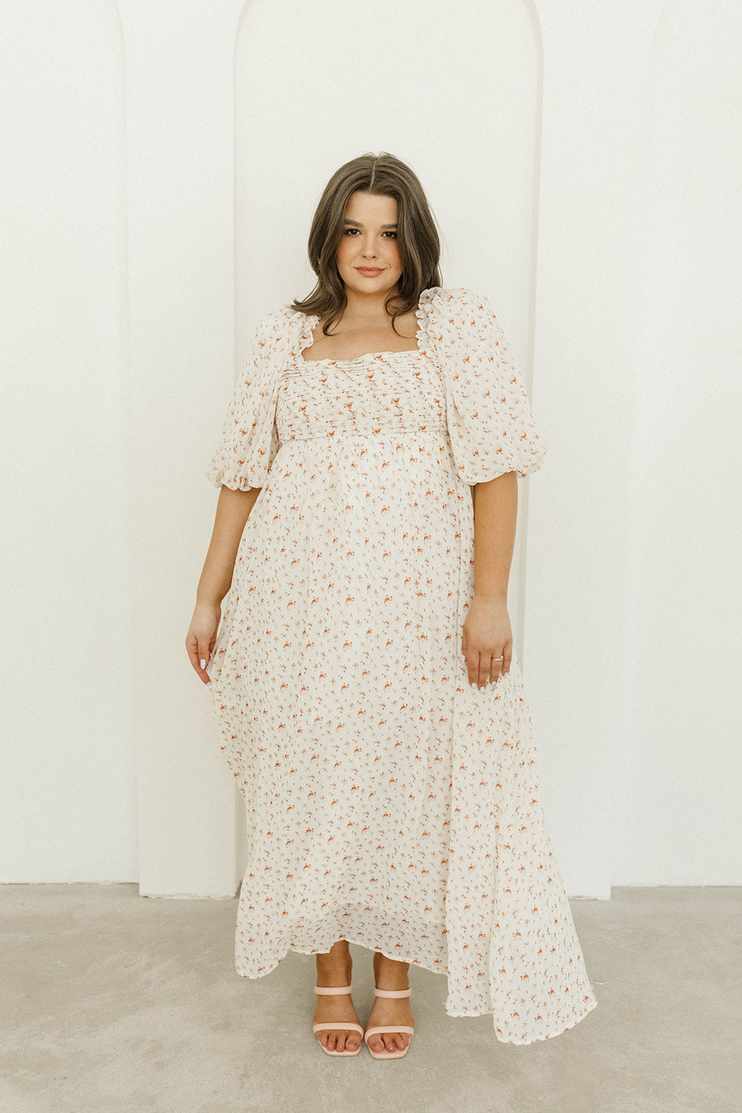 Melody Maxi Dress with Pleats and Bow Detail in Ivory Floral- Bump Friendly & Inclusive Sizing (S-3XL)