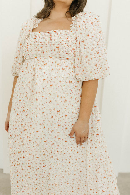 Melody Maxi Dress with Pleats and Bow Detail in Ivory Floral- Bump Friendly & Inclusive Sizing (S-3XL)