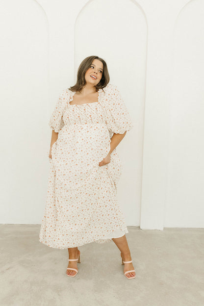 Melody Maxi Dress with Pleats and Bow Detail in Ivory Floral- Bump Friendly & Inclusive Sizing (S-3XL)