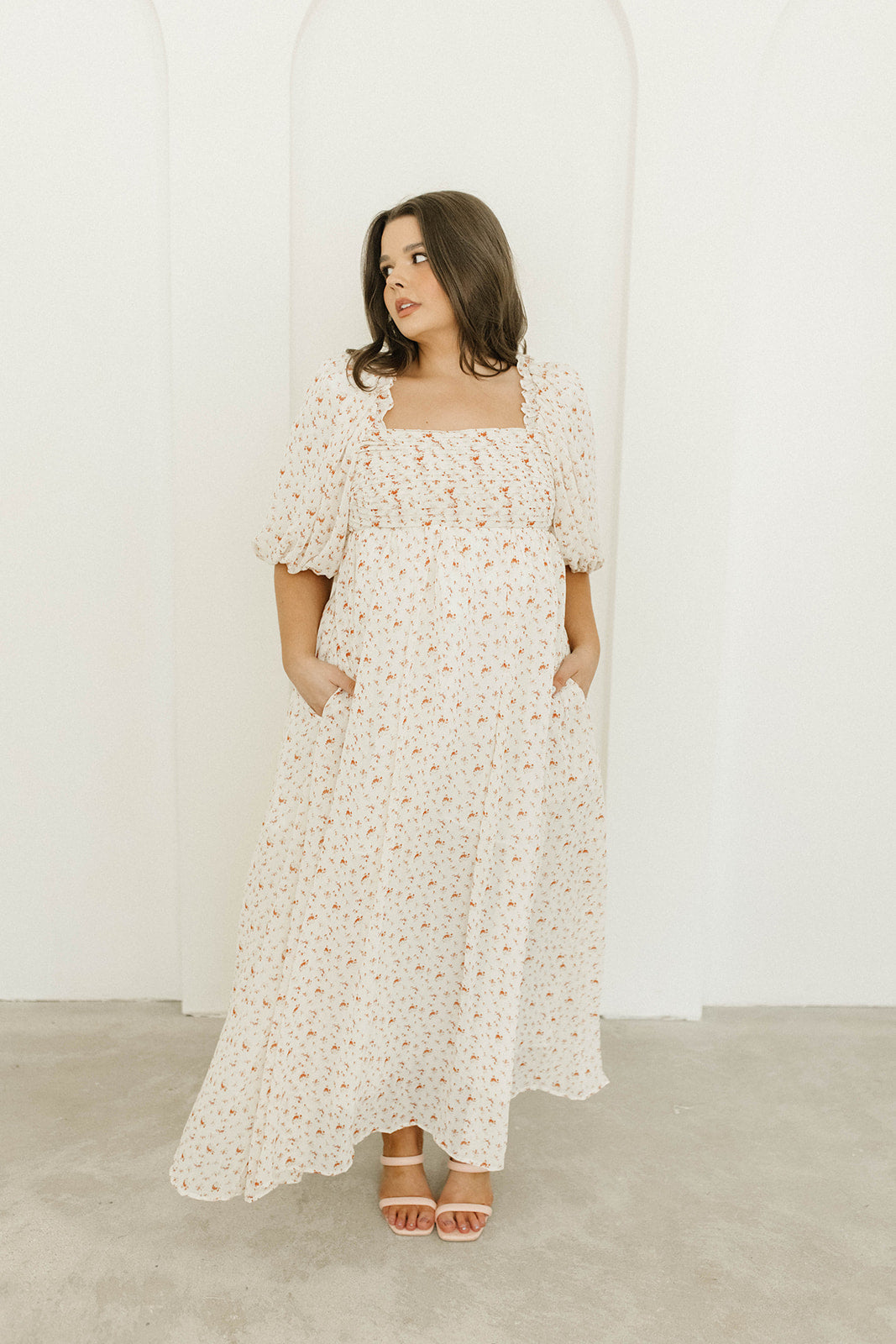 Melody Maxi Dress with Pleats and Bow Detail in Ivory Floral- Bump Friendly & Inclusive Sizing (S-3XL)