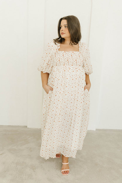 Melody Maxi Dress with Pleats and Bow Detail in Ivory Floral- Bump Friendly & Inclusive Sizing (S-3XL)