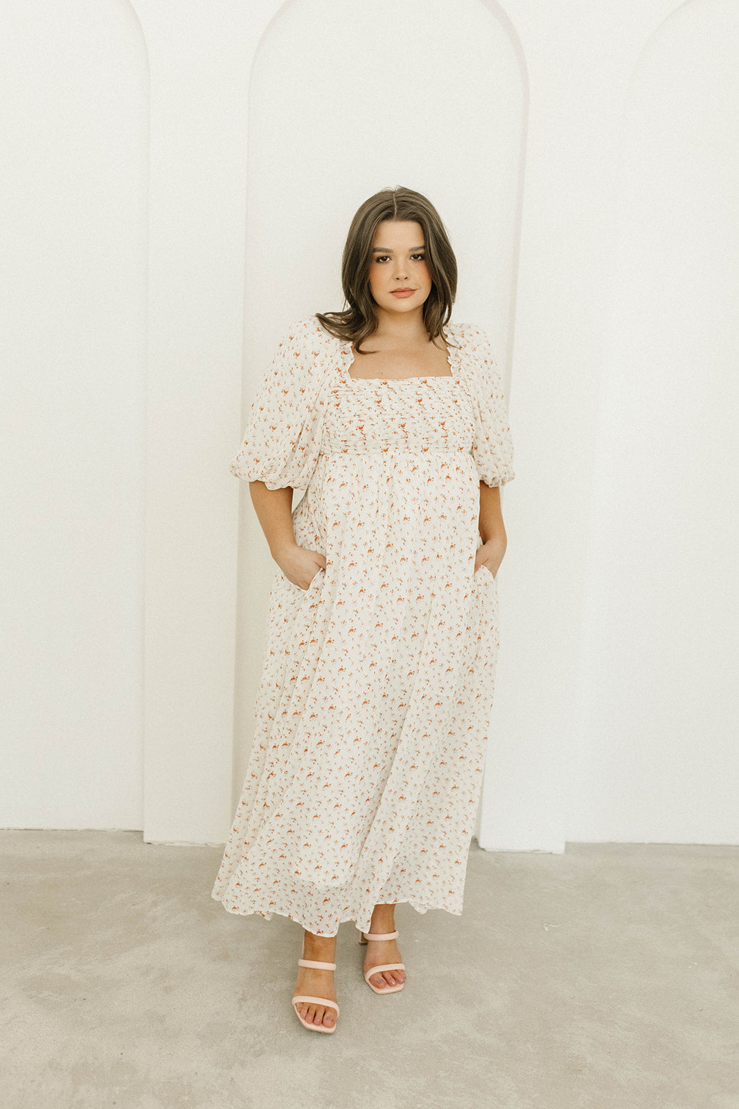 Melody Maxi Dress with Pleats and Bow Detail in Ivory Floral- Bump Friendly & Inclusive Sizing (S-3XL)