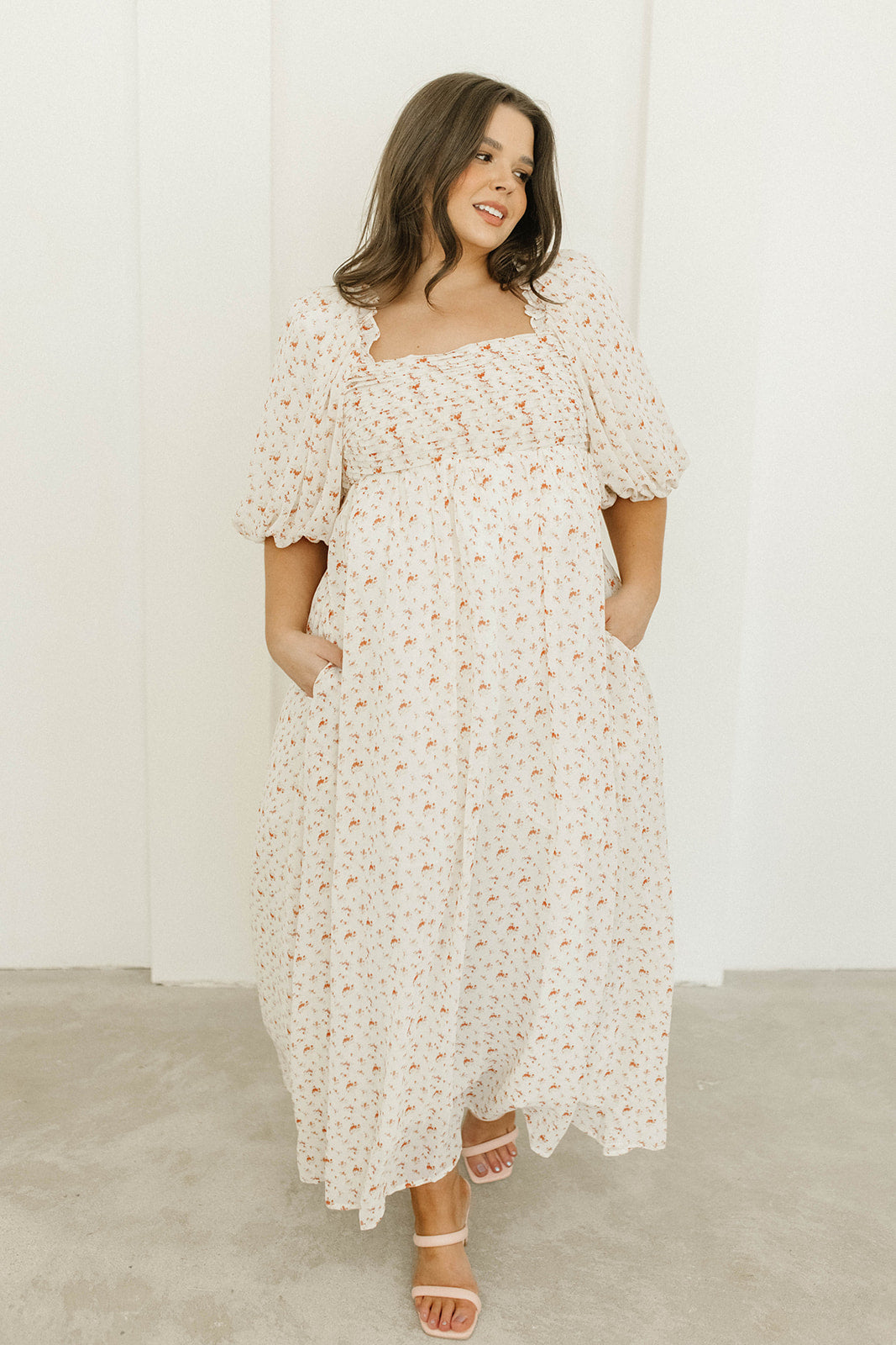 Melody Maxi Dress with Pleats and Bow Detail in Ivory Floral- Bump Friendly & Inclusive Sizing (S-3XL)