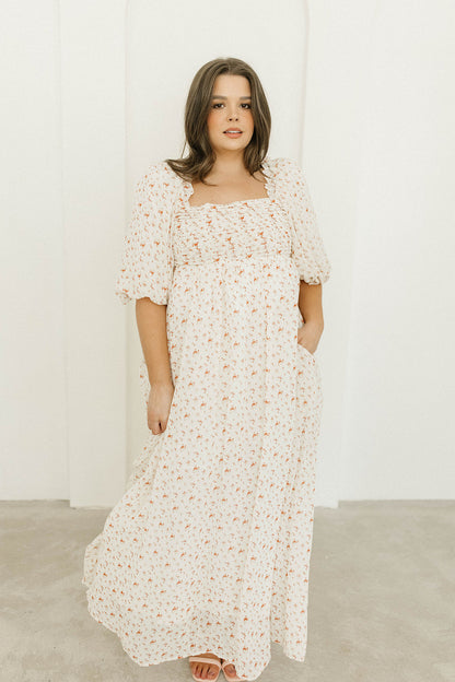 Melody Maxi Dress with Pleats and Bow Detail in Ivory Floral- Bump Friendly & Inclusive Sizing (S-3XL)