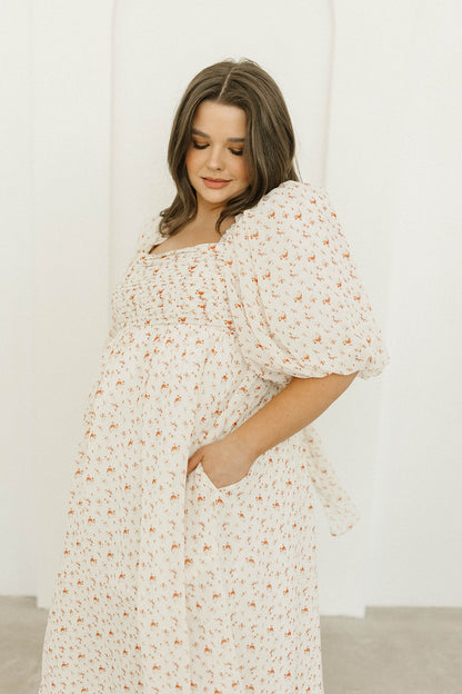 Melody Maxi Dress with Pleats and Bow Detail in Ivory Floral- Bump Friendly & Inclusive Sizing (S-3XL)