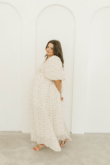 Melody Maxi Dress with Pleats and Bow Detail in Ivory Floral- Bump Friendly & Inclusive Sizing (S-3XL)