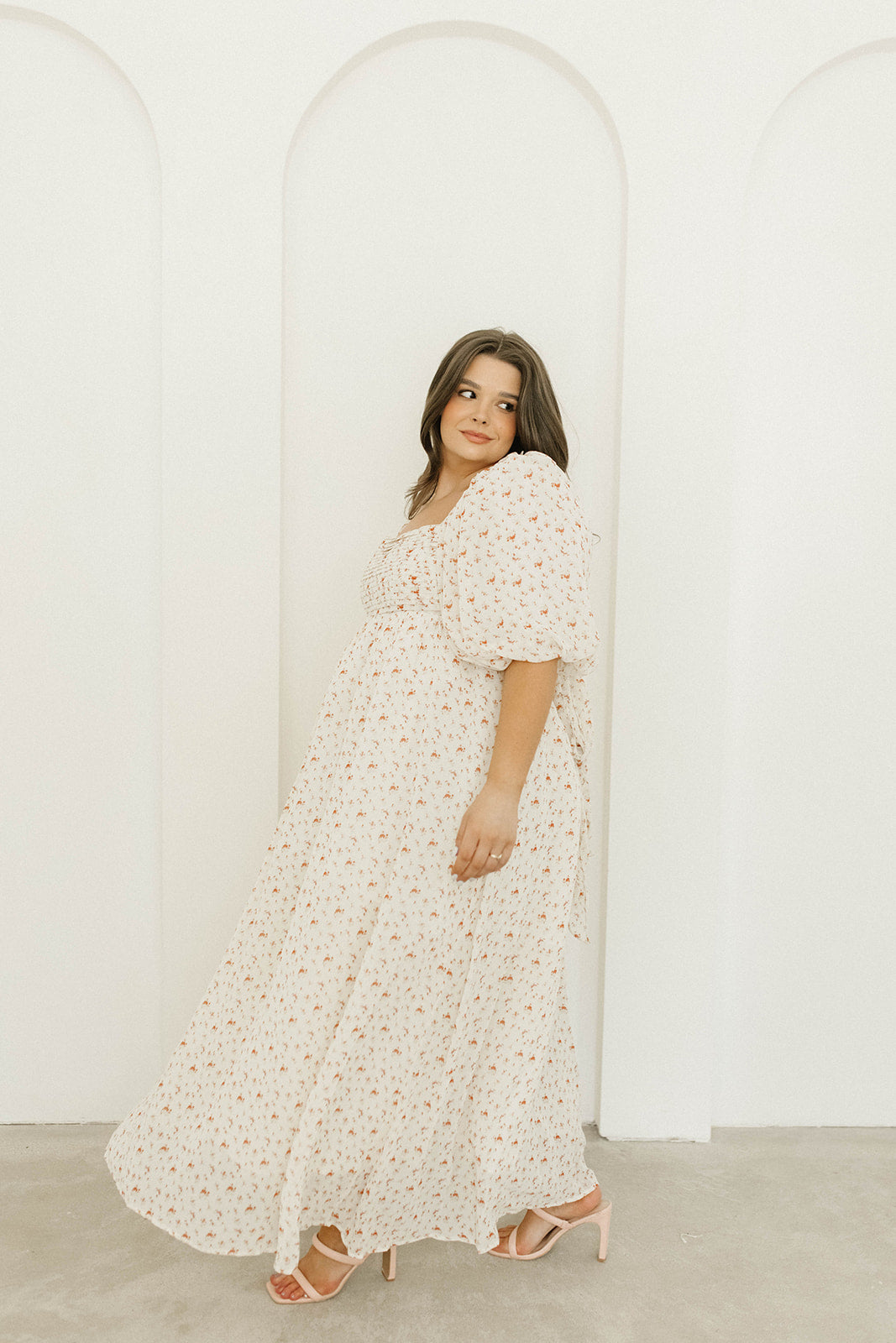 Melody Maxi Dress with Pleats and Bow Detail in Ivory Floral- Bump Friendly & Inclusive Sizing (S-3XL)