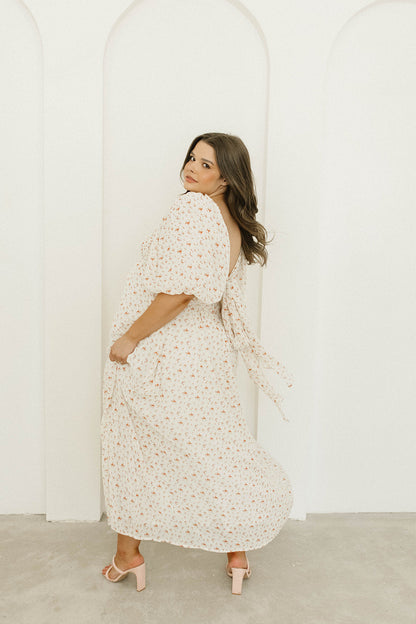 Melody Maxi Dress with Pleats and Bow Detail in Ivory Floral- Bump Friendly & Inclusive Sizing (S-3XL)