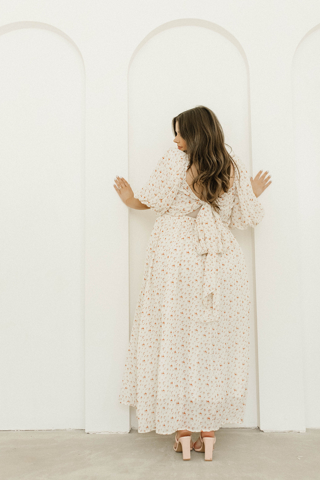 Melody Maxi Dress with Pleats and Bow Detail in Ivory Floral- Bump Friendly & Inclusive Sizing (S-3XL)