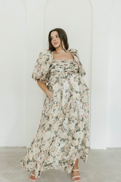 Melody Maxi Dress with Pleats and Bow Detail in Champagne Floral - Bump Friendly & Inclusive Sizing (S-3XL)