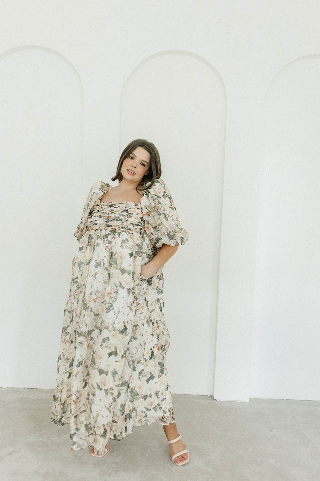 Melody Maxi Dress with Pleats and Bow Detail in Champagne Floral - Bump Friendly & Inclusive Sizing (S-3XL)