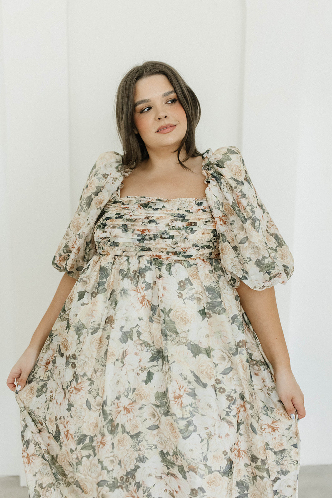 Melody Maxi Dress with Pleats and Bow Detail in Champagne Floral - Bump Friendly & Inclusive Sizing (S-3XL)