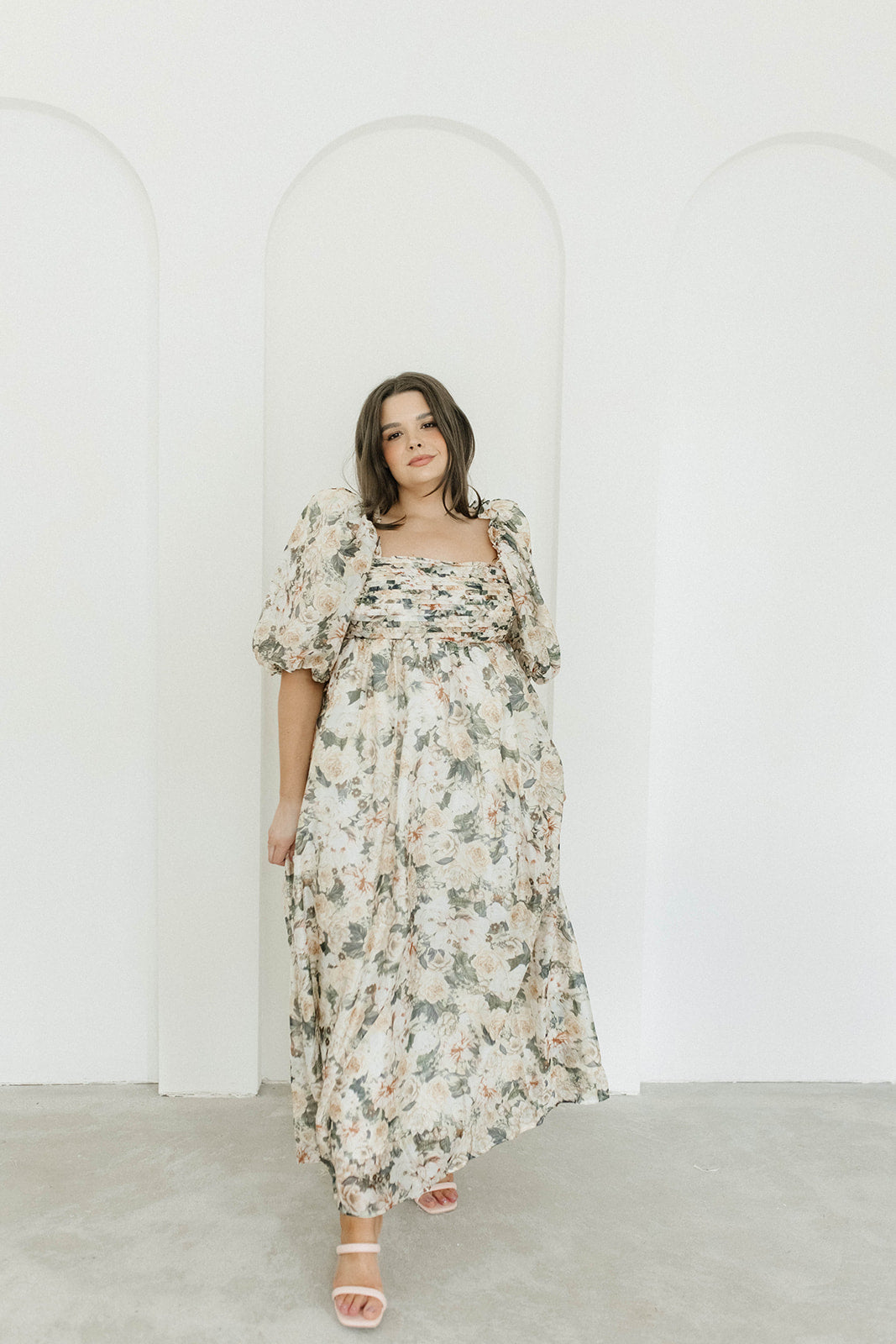 Melody Maxi Dress with Pleats and Bow Detail in Champagne Floral - Bump Friendly & Inclusive Sizing (S-3XL)