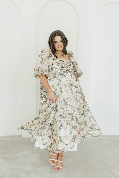 Melody Maxi Dress with Pleats and Bow Detail in Champagne Floral - Bump Friendly & Inclusive Sizing (S-3XL)