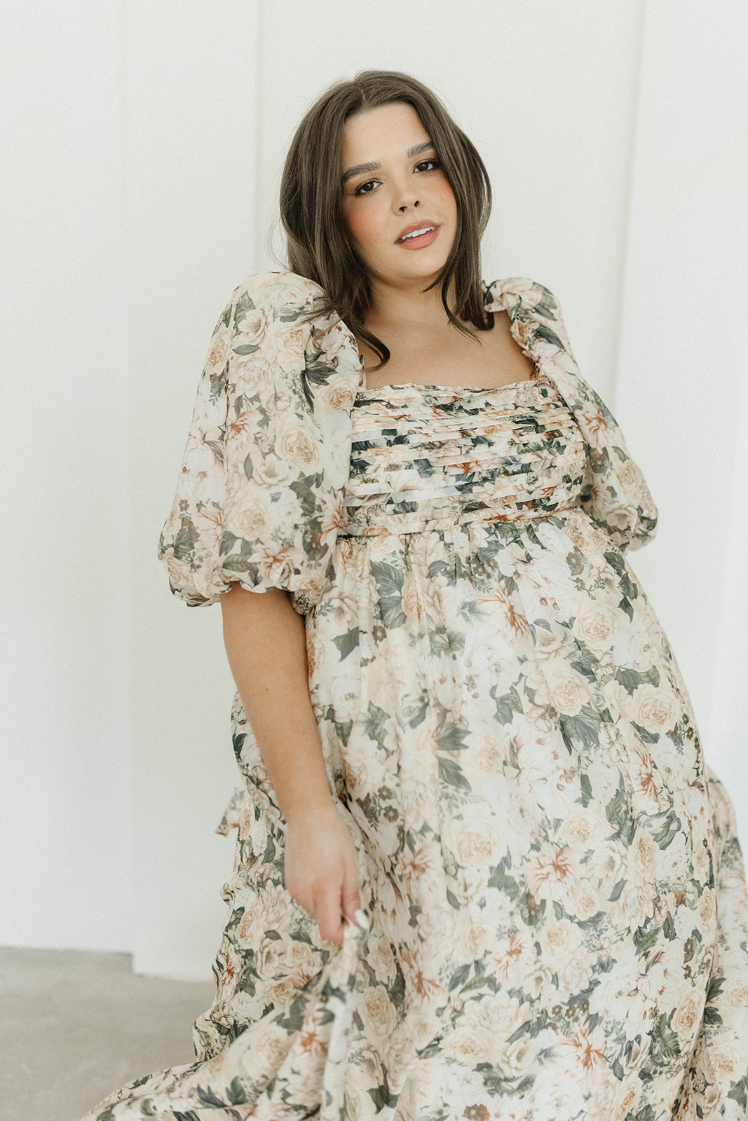 Melody Maxi Dress with Pleats and Bow Detail in Champagne Floral - Bump Friendly & Inclusive Sizing (S-3XL)