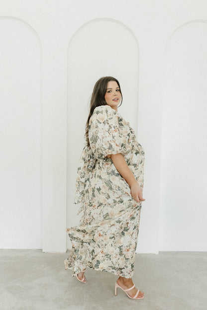 Melody Maxi Dress with Pleats and Bow Detail in Champagne Floral - Bump Friendly & Inclusive Sizing (S-3XL)