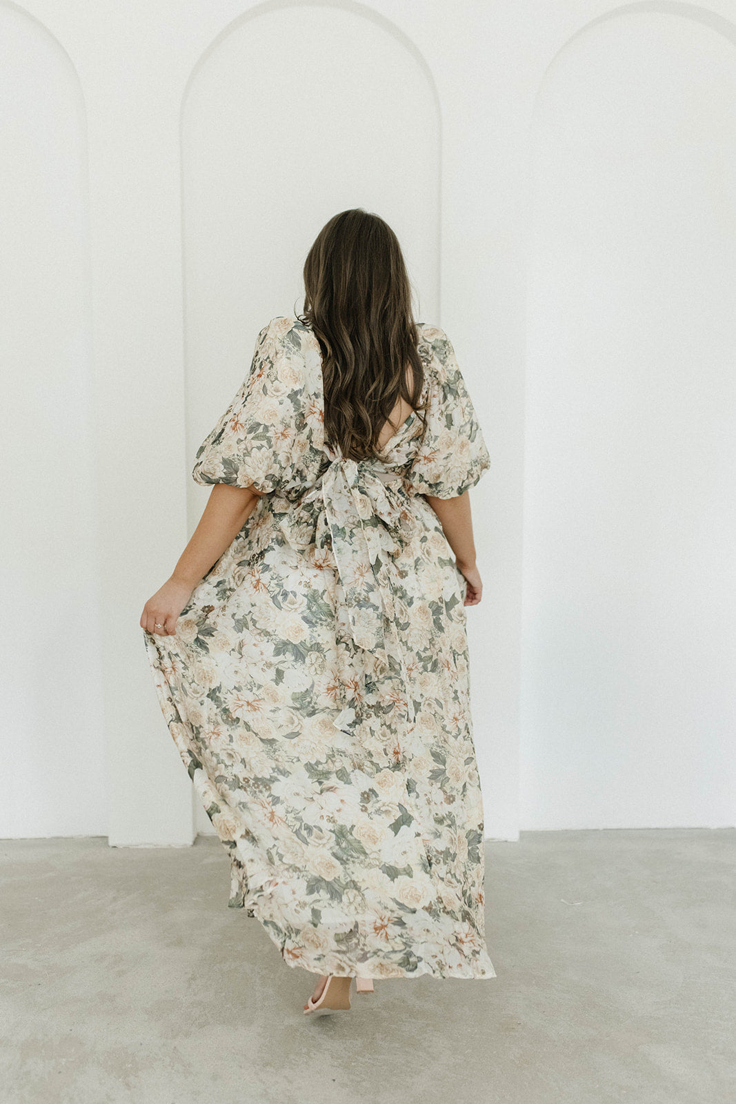 Melody Maxi Dress with Pleats and Bow Detail in Champagne Floral - Bump Friendly & Inclusive Sizing (S-3XL)