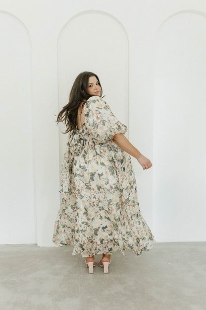 Melody Maxi Dress with Pleats and Bow Detail in Champagne Floral - Bump Friendly & Inclusive Sizing (S-3XL)