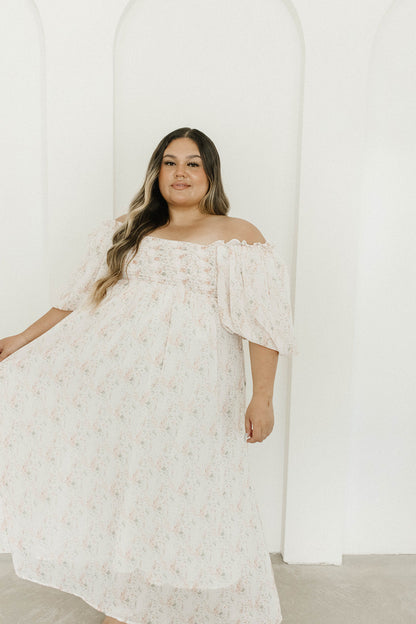 Melody Maxi Dress with Pleats and Bow Detail in Blush Floral - Bump Friendly & Inclusive Sizing (S-3XL)