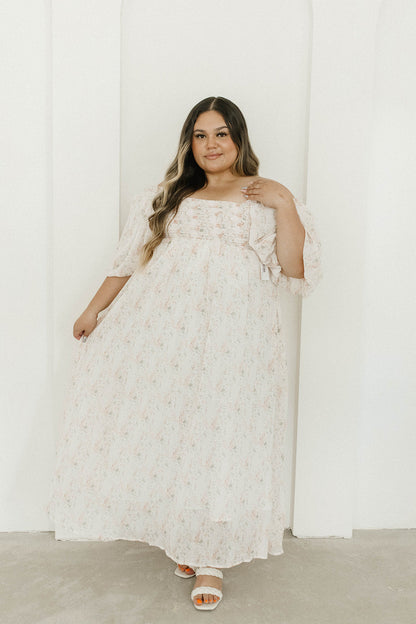 Melody Maxi Dress with Pleats and Bow Detail in Blush Floral - Bump Friendly & Inclusive Sizing (S-3XL)