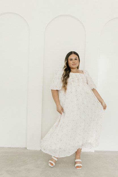 Melody Maxi Dress with Pleats and Bow Detail in Blush Floral - Bump Friendly & Inclusive Sizing (S-3XL)