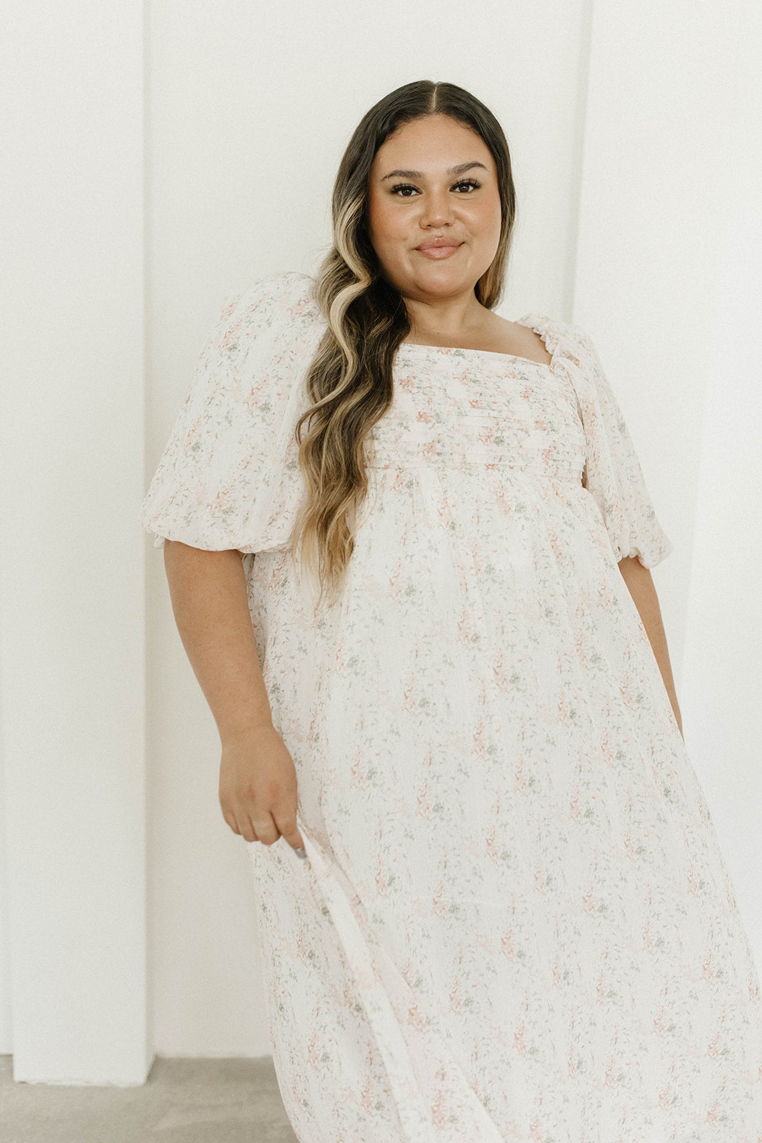 Melody Maxi Dress with Pleats and Bow Detail in Blush Floral - Bump Friendly & Inclusive Sizing (S-3XL)