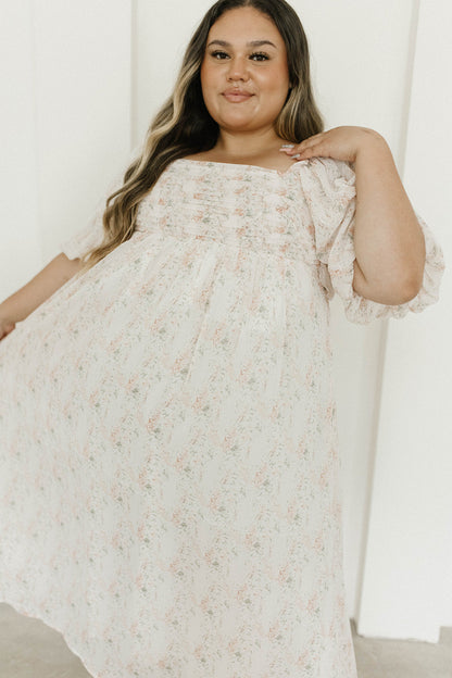 Melody Maxi Dress with Pleats and Bow Detail in Blush Floral - Bump Friendly & Inclusive Sizing (S-3XL)